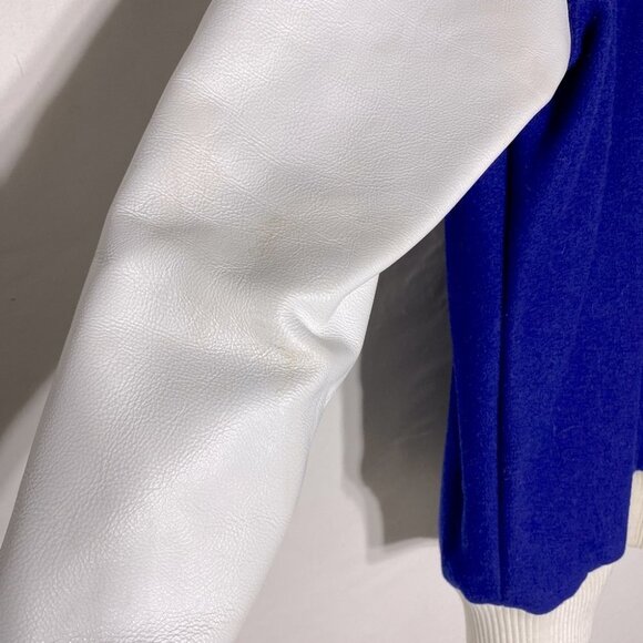 Vintage ‘77 Blue Varsity Jacket W White Leather Sleeves Wetaskiwin Sportshop S - Picture 14 of 16